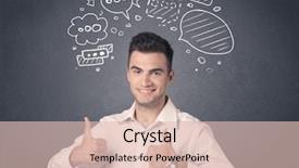  Presentation with bubbles feedback survey words speech - Audience pleasing PPT theme consisting of casual businessman with drawn speech backdrop and a  colored foreground