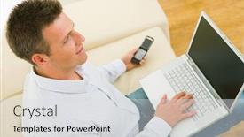  Presentation with mobile home - Amazing theme having casual businessman working at home sitting on couch using laptop computer and mobile phone high-angle shot backdrop and a light gray colored foreground
