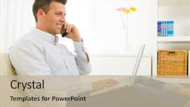  Presentation with mobile home - Presentation theme enhanced with casual businessman working at home background and a mint green colored foreground