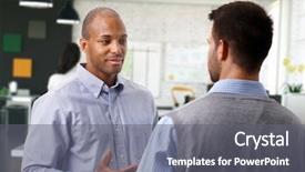  Presentation with discussion - Amazing PPT theme having casual businessmen having discussion at office backdrop and a gray colored foreground
