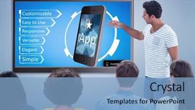  Presentation with application - Theme enhanced with casual businesswoman giving presentation to colleagues against ad for a new application background and a light blue colored foreground