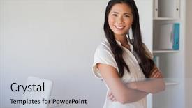  Presentation with camera - Cool new slides with casual businesswoman looking at camera with arms crossed in the office backdrop and a light gray colored foreground