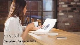  Presentation with files - PPT theme with casual-businesswoman-looking-at-files background and a coral colored foreground