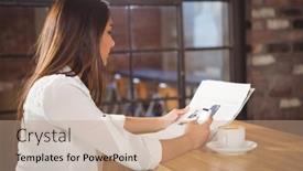  Presentation with files - Slide deck with casual-businesswoman-looking-at-files background and a coral colored foreground