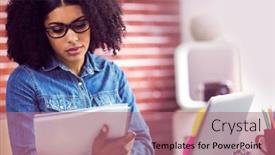  Presentation with office - PPT layouts enhanced with casual-businesswoman-looking-at-reports background and a  colored foreground
