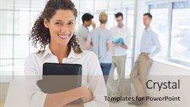  Presentation with diary - PPT theme consisting of casual businesswoman smiling at camera holding diary in the office background and a coral colored foreground