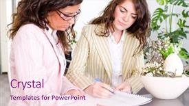  Presentation with team working together - PPT theme with casual businesswomen working together in team at office reception looking at documents talking background and a pink colored foreground