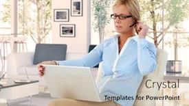  Presentation with glasses - PPT theme with casual-caucasian-blonde-businesswoman background and a soft green colored foreground
