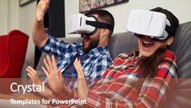  Presentation with virtual reality - Amazing PPT theme having casual clothes and virtual reality backdrop and a coral colored foreground