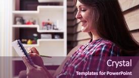  Presentation with healthy workplace full length side view - Colorful slide set enhanced with casual clothes holding a jotter backdrop and a violet colored foreground