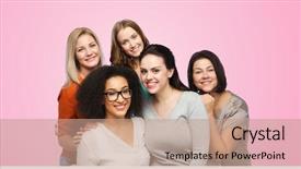  Presentation with diverse women - PPT theme having casual clothes over pink background and a coral colored foreground