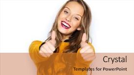  Presentation with casual young people - Beautiful presentation theme featuring casual clothes showing thumbs backdrop and a gold colored foreground