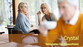  Presentation with lady - Slide deck with casual clothing sitting at table background and a tawny brown colored foreground