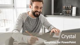  Presentation with notebook paper - Audience pleasing slides consisting of casual clothing smiling and writing backdrop and a gray colored foreground