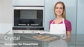  Presentation with baking cookies - Theme with casual content woman holding baking tray with cookies in bright kitchen background and a gray colored foreground