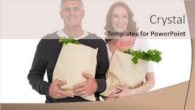  Presentation with grocery - Presentation theme enhanced with casual couple holding grocery bags on white background background and a lemonade colored foreground