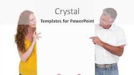  Presentation with poster - Colorful slide deck enhanced with casual couple showing a poster on white background backdrop and a white colored foreground