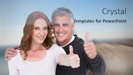  Presentation with foggy - Beautiful presentation theme featuring casual couple showing thumbs up against large rock overlooking foggy city backdrop and a light blue colored foreground