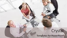  Presentation with four elements of the - Presentation design having casual dress - four businesspeople in boardroom background and a  colored foreground