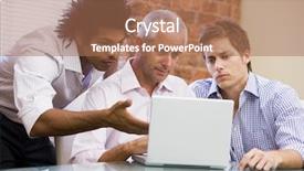  Presentation with young man holdng laptop on lap money - Presentation theme enhanced with casual dress - three businessmen sitting in office background and a  colored foreground