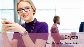  Presentation with office - Slide deck consisting of casual dress - young business woman in office background and a  colored foreground