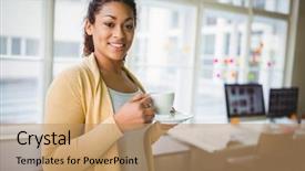 Presentation with coffee - PPT theme featuring casual drinking - portrait of young businesswoman having background and a  colored foreground
