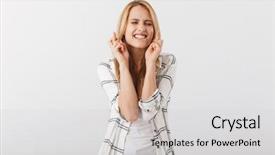  Presentation with good luck - Audience pleasing slide set consisting of casual girl holding fingers cross backdrop and a light gray colored foreground