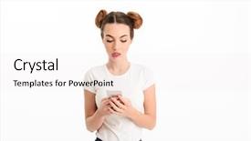  Presentation with phone - Amazing theme having casual girl holding mobile phone backdrop and a white colored foreground
