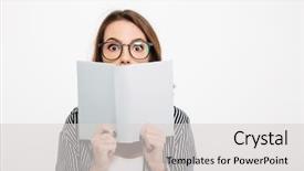  Presentation with customer service face of pretty - Cool new presentation with casual girl holding opened book backdrop and a  colored foreground