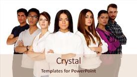  Presentation with casual young people - PPT theme with casual group of young serious people isolated on a white background and a lemonade colored foreground