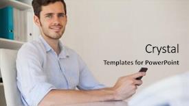  Presentation with desk - PPT theme with casual happy businessman sending a text at his desk in his office background and a light gray colored foreground