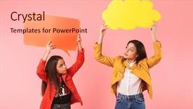  Presentation with close up of young girls - Colorful PPT layouts enhanced with casual holding two copyspace placard backdrop and a  colored foreground