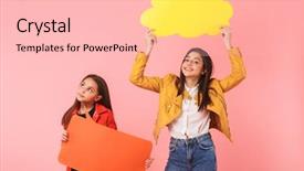  Presentation with teen girls - Cool new slide deck with casual holding two copyspace placard backdrop and a lemonade colored foreground