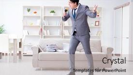  Presentation with celebrate office success - Slide deck featuring casual leave - drunk businessman celebrating background and a  colored foreground