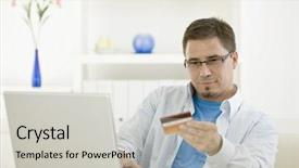  Presentation with purchasing - Cool new presentation theme with casual man at home using laptop computer purchasing by credit card backdrop and a light gray colored foreground