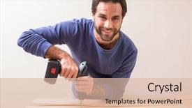  Presentation with drilling - Colorful slide deck enhanced with casual man drilling hole in plank at home in the living room backdrop and a lemonade colored foreground