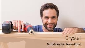  Presentation with drilling - Presentation theme featuring casual man drilling nail in plank at home in the living room background and a coral colored foreground