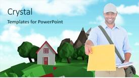  Presentation with yellow paper - Beautiful theme featuring casual man giving yellow paper backdrop and a cool aqua colored foreground