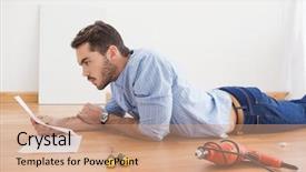  Presentation with instruction - PPT layouts consisting of casual man reading instruction manual background and a coral colored foreground