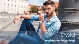  Presentation with red bull case - PPT theme having casual man resting near lighting background and a ocean colored foreground