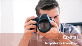  Presentation with shooting - Cool new PPT layouts with casual man shooting with photo camera backdrop and a coral colored foreground