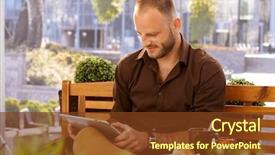  Presentation with man sitting bench - Colorful presentation theme enhanced with casual man sitting in outdoor cafe on a bench using tablet computer backdrop and a tawny brown colored foreground
