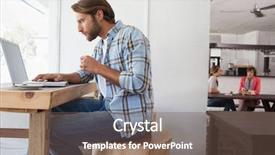  Presentation with college coffee shop - PPT theme with casual man using laptop drinking background and a violet colored foreground