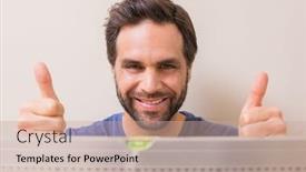  Presentation with spirit - Colorful presentation design enhanced with casual man using spirit level at home in the living room backdrop and a coral colored foreground