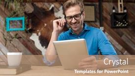  Presentation with glasses - Amazing slide deck having casual-man-wearing-glasses-sitting backdrop and a coral colored foreground