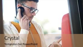  Presentation with phone booth - Amazing presentation having casual man with receiver dial backdrop and a coral colored foreground