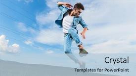  Presentation with looking up at trees from ground - Amazing theme having casual man with sunglasses leaping backdrop and a light blue colored foreground