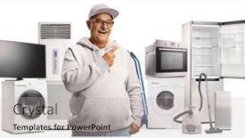  Presentation with home appliances - Presentation design consisting of casual-mature-man-pointing background and a  colored foreground