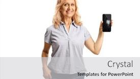  Presentation with smartphone - PPT theme featuring casual-mature-woman-showing background and a light gray colored foreground