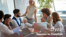  Presentation with casual young people - Colorful PPT layouts enhanced with casual-meeting-in-bright-conference backdrop and a violet colored foreground